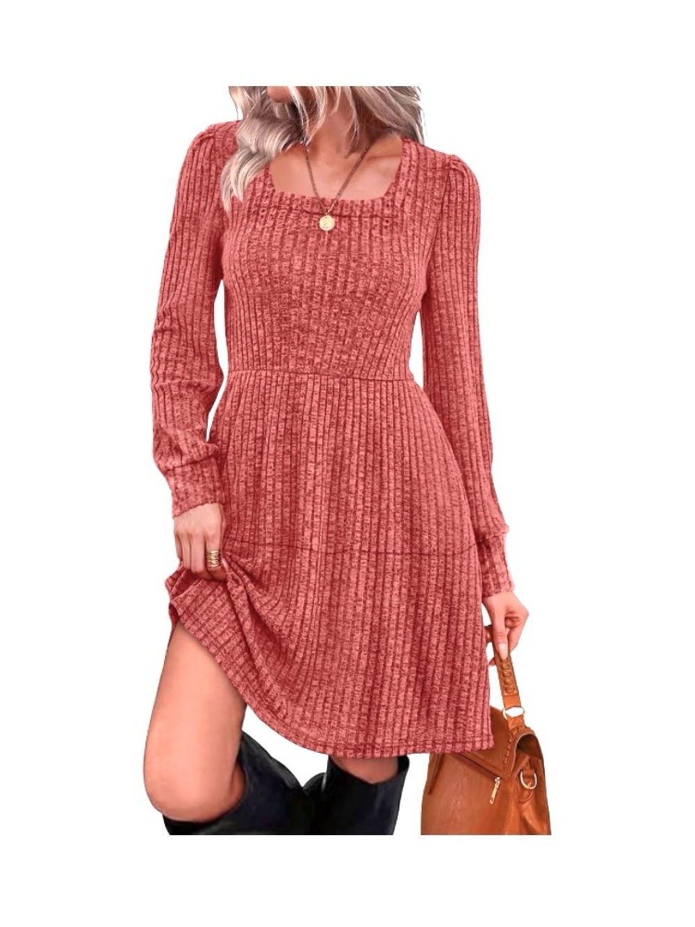 Square-Neck Long Sleeve Ribbed Knit Dress in Rose